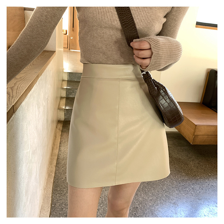2023 Elegant Korean Style Women's PU Hip Bag Skirt Socialite A- Line Short Leather Skirt Spring and Autumn New High Waist Skirt Leather Skirt Skirt