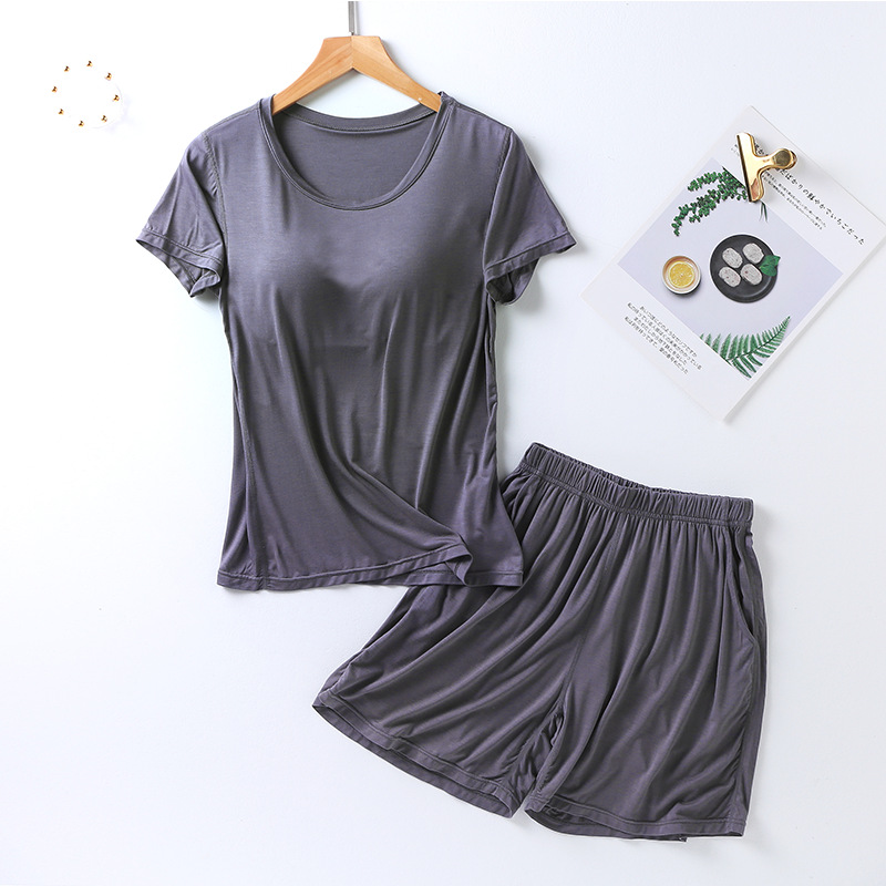 Picture of Modal Women's Suit Cup One-piece Short-sleeved Shorts Pocket-free Slimming Home Pajamas Suit Large Size Women