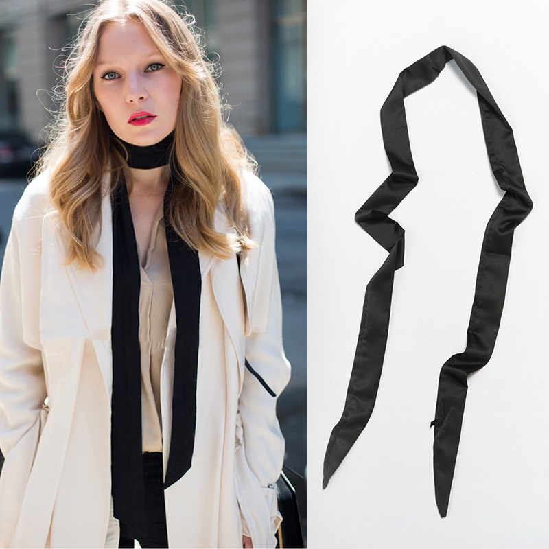 satin solid color long narrow slender small silk satin Korean version of small scarf female hair accessories 