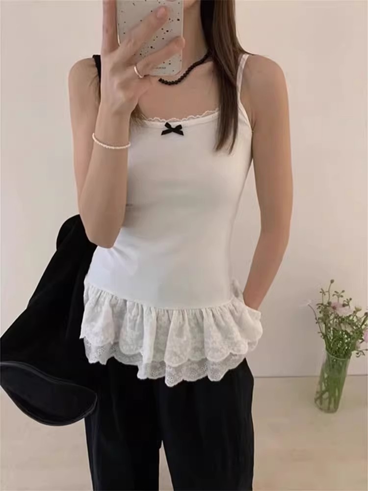 2025 White Bow Camisole Vest Spring Lace Hem Slim Fit Stacked Inner Small Top for Women Z