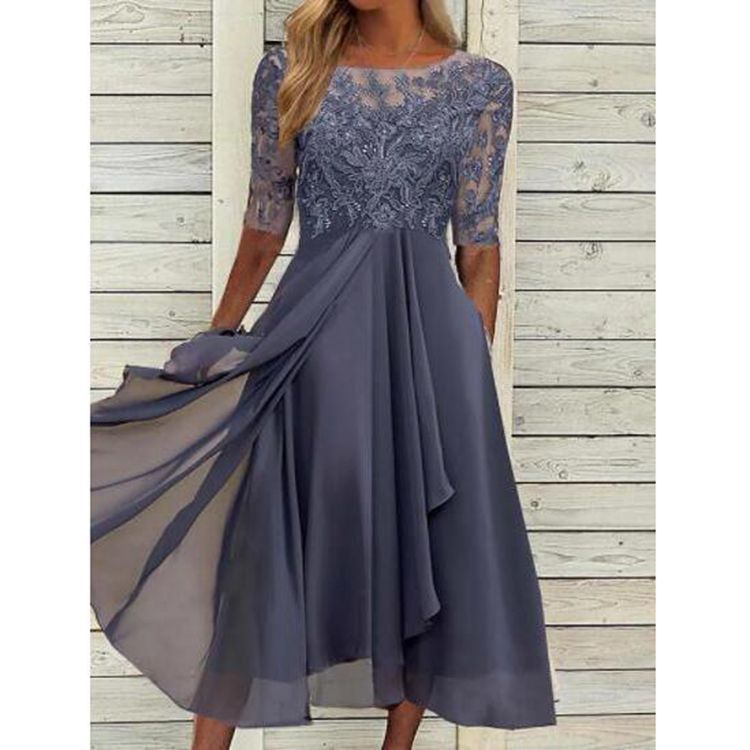 European Station Cross-border Amazon dress Chiffon Stitching Lace Hollow Dress Bridesmaid Evening Dress Women's Dress