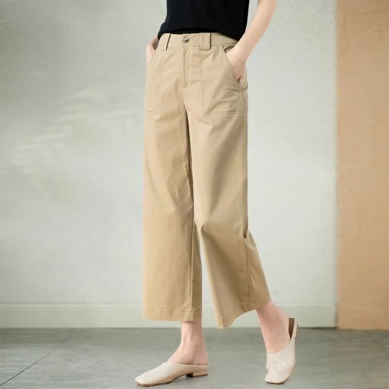 Women's cropped wide-leg pants 2023 spring and summer New loose slimming casual pants thin high waist khaki foreign trade