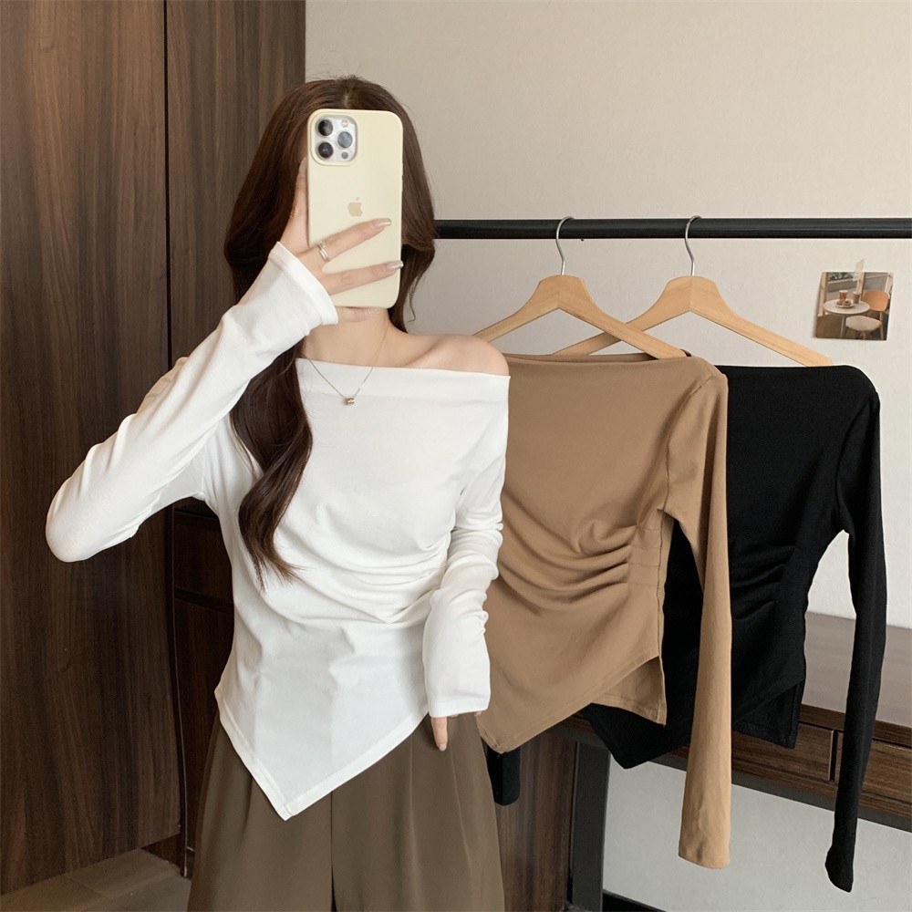 Long-sleeved T-shirt Women's Autumn plus size Irregular Off-shoulder Spice Girls chubby girl Slim-fit Slimming Base Shirt Unique Chic Top