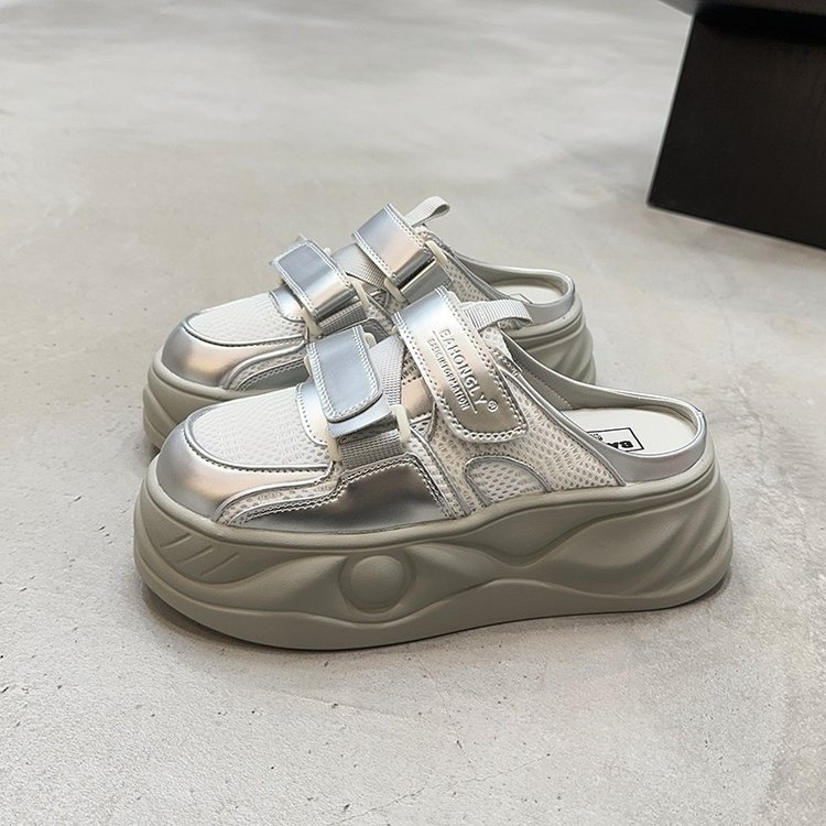 Thick Bottom silver Half Slippers Women's 2024 New Velcro Thick Bottom Summer Outfit Lazy Casual Slip-on Baotou Drag