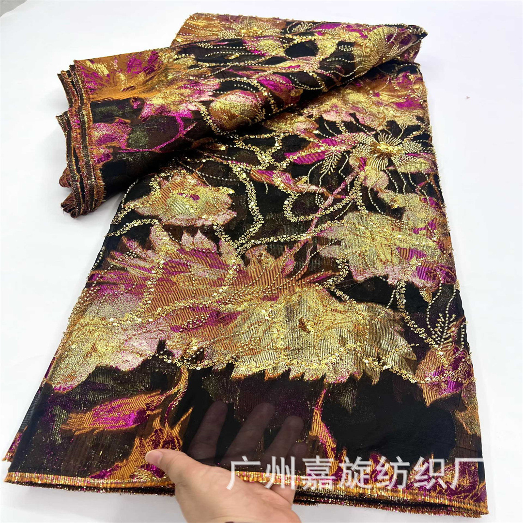 High quality vintage gilt gold woven jacquard fabric heavy bead tube embroidery organza Hanfu cheongsam performance costume fabric