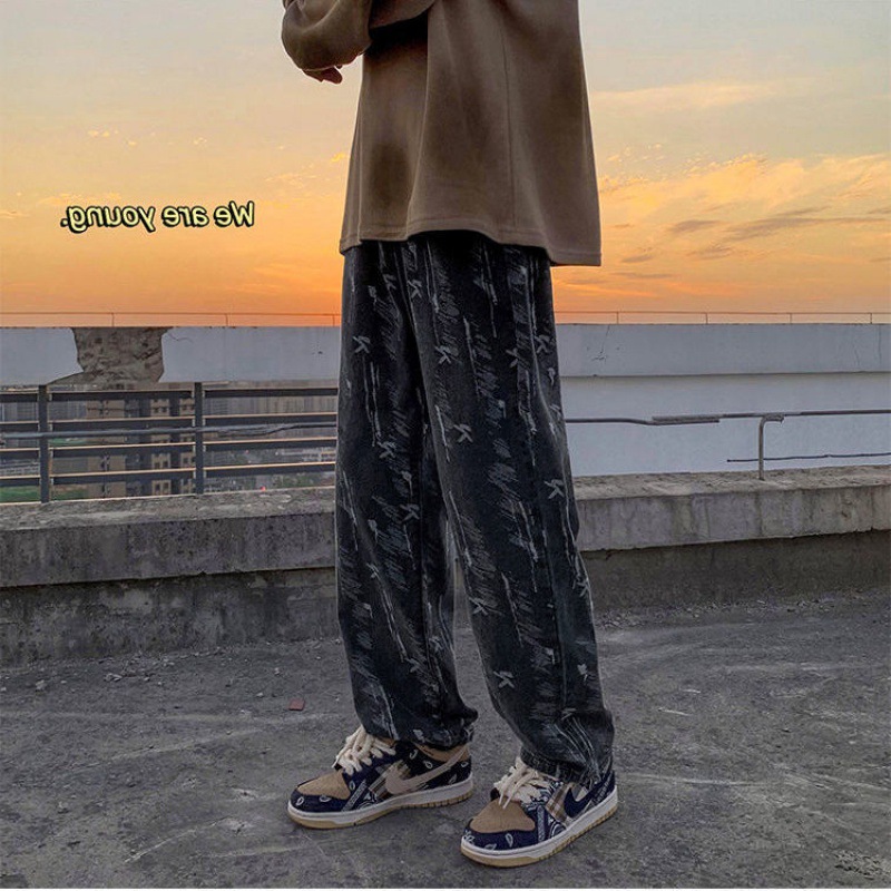 High Street Style Jeans Men's Summer Fashionable Loose Straight Wide Leg Dipped Pants Couple's Simple Pants