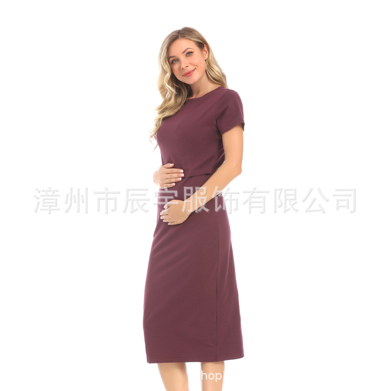 Picture of European and American Summer Fashion Short-sleeved Pregnant Women's dress Elastic Slim-fit Pure Cotton Out-going Postpartum Breastfeeding Skirt plus size Women's Clothing
