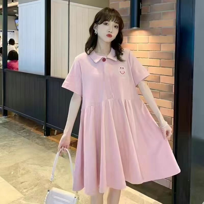 Pregnant women's summer polo collar short sleeve dress pregnant women's fashion loose belly covering A- line dress mid-length pregnant women's dress
