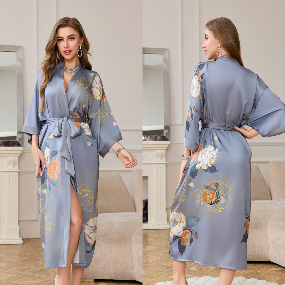 Picture of Yaoting Satin Printed Pajamas for Women Summer Large Size Accessible Luxury Three-Quarter Sleeves Cool Long Nightgown Home Wear Women Wp2669