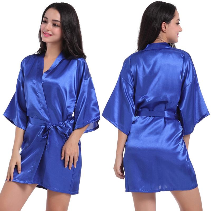 Picture of Amazon Cross-border Women's Twisted Sade Nightgown Bathrobe Solid Color Glow Summer Thin Sexy Short Cardigan Gown