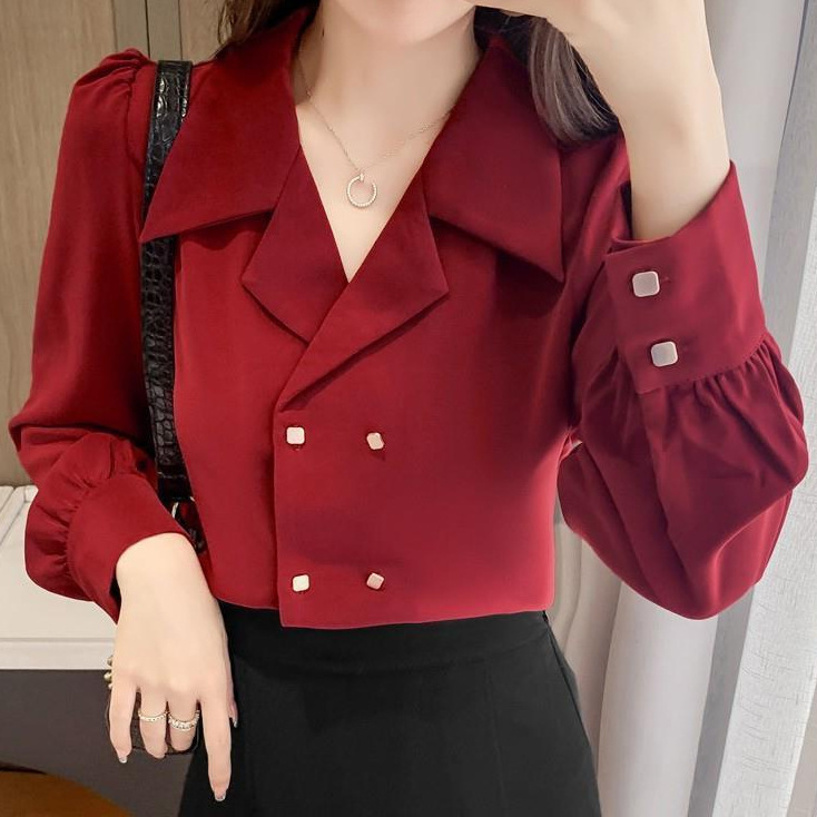 Red shirt women's spring 2024 new temperament double-breasted bubble sleeve shirt retro Hong Kong style ins top