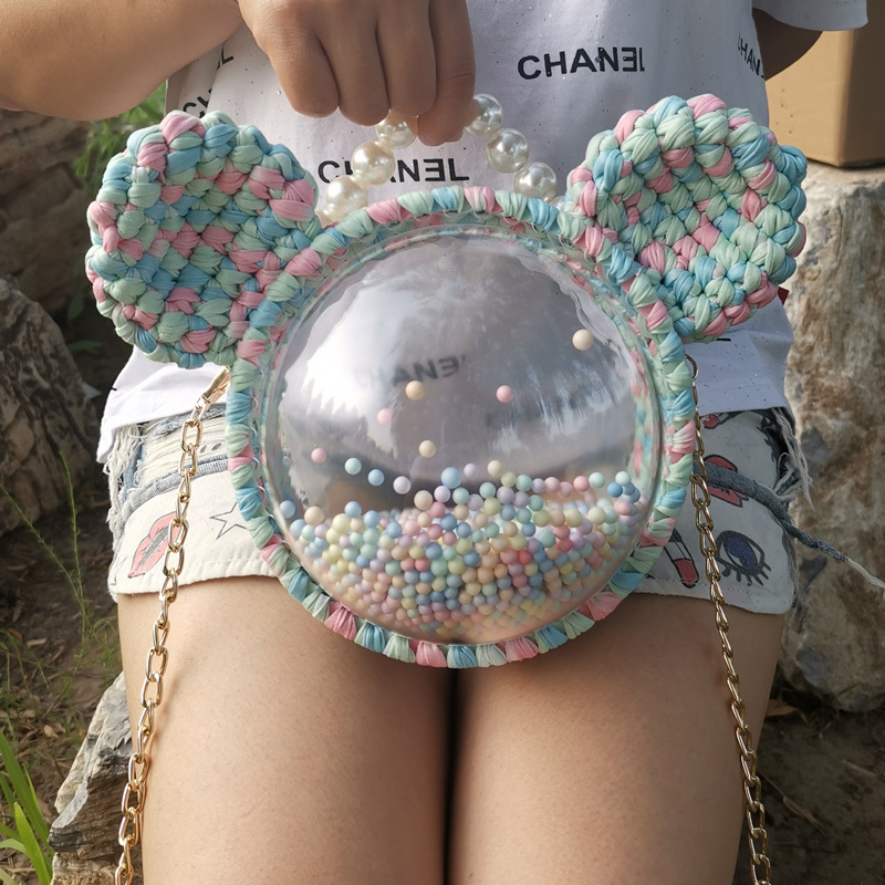 Picture of Handmade woven cloth line bear Mickey bag material bag transparent hemisphere acrylic Pearl handbag satchel