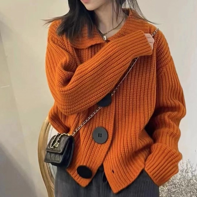 European Cashmere Cardigan Women's V Neck Long-Sleeved Loose Korean Style Fashionable Large Button Lapel Wool Knitted Jacket Sweater Trendy