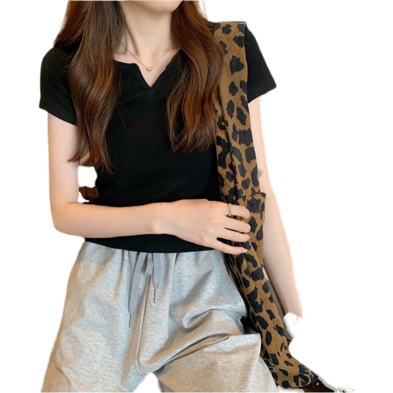 Small V-neck short design slim top women's summer exposed navel solid color short sleeve T-shirt women's sexy foreign trade women's fashion