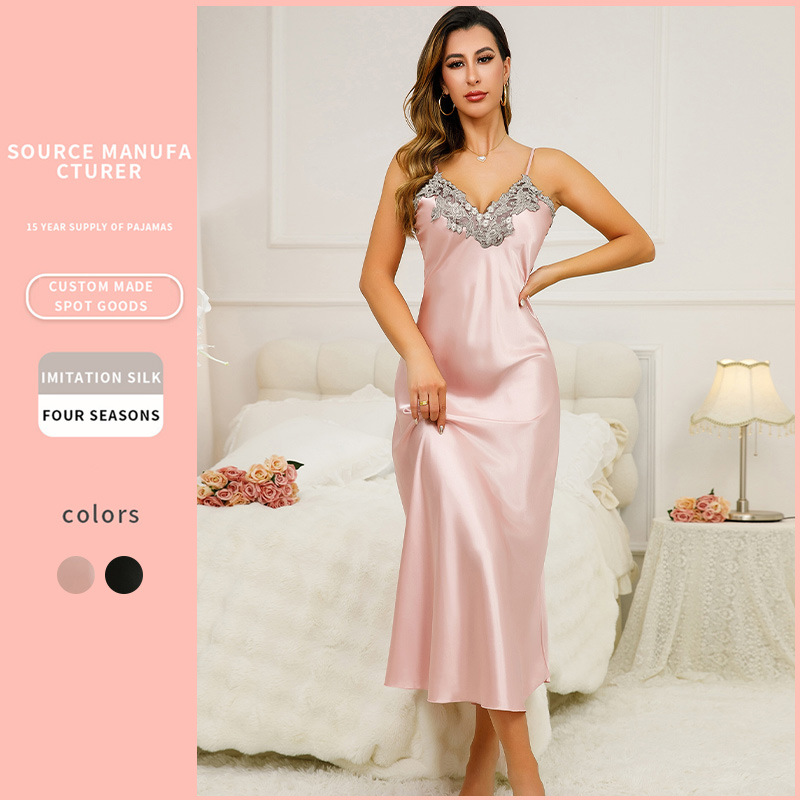 Cross-border European and American High-end Pajamas Women's Sexy Backless Split Long Skirt Summer Home Slip Skirt Silk Ice Silk Nightgown