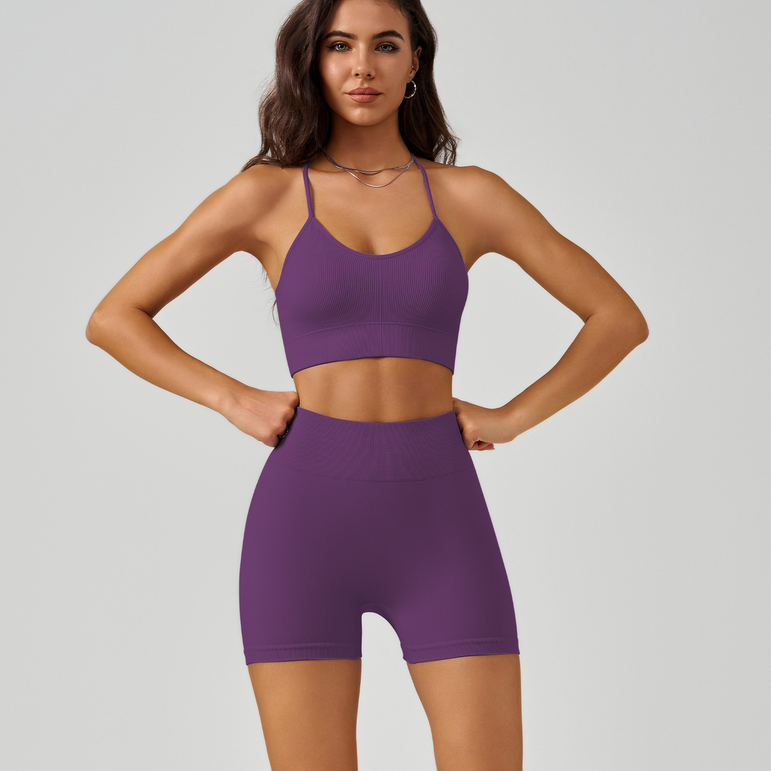 Picture of Cross-Back Yoga Vest suit Thin Shoulder Strap Sports Bra High Waist Belly Peach Hip Yoga Shorts