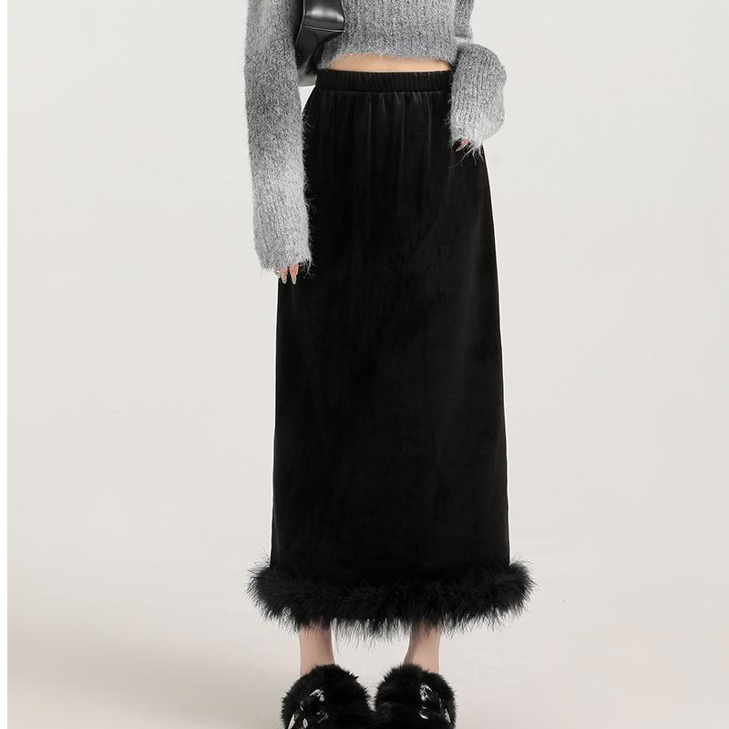 2024 Black fleece-lined Velvet Skirt Women's High Waist Dipped Split One-Step Skirt A- Line Hip Mid-Length Skirt