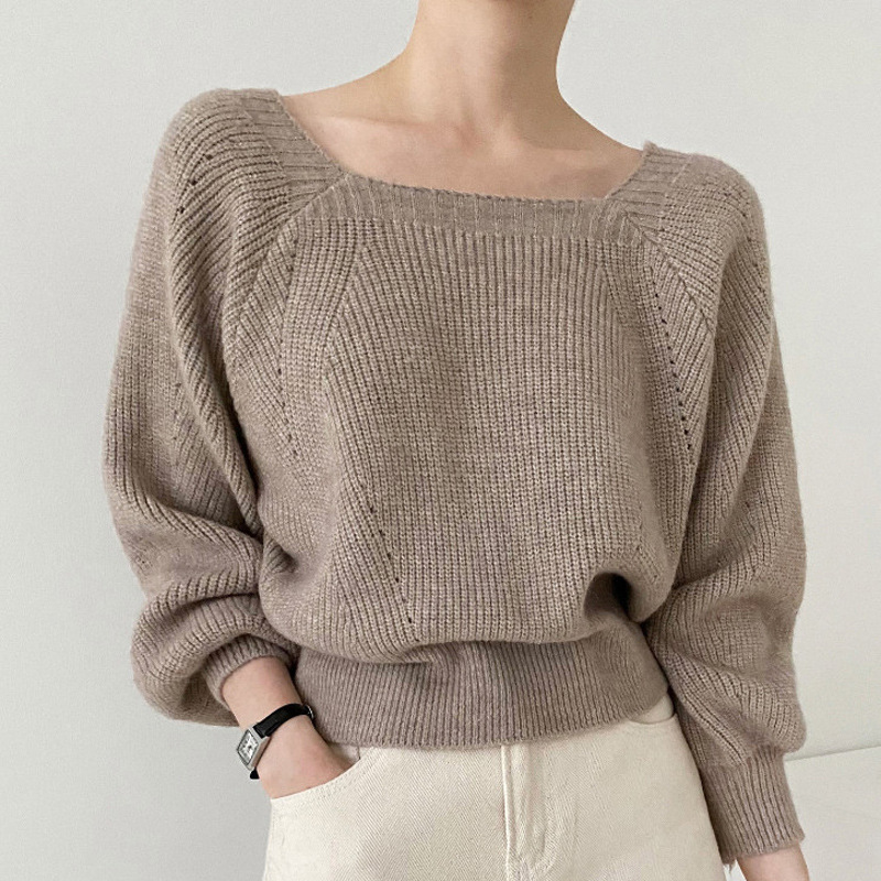 South Korea chic autumn and winter French retro square collar open collarbone pullover loose casual long sleeve sweater sweater