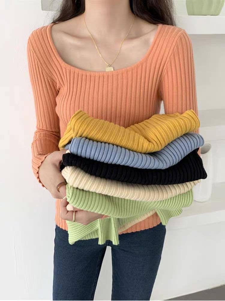 Autumn Tight U-collar Top Women's Long-sleeved Knitted Base Shirt Slim-fit Pullover Inner Sweater Women's All-match Top