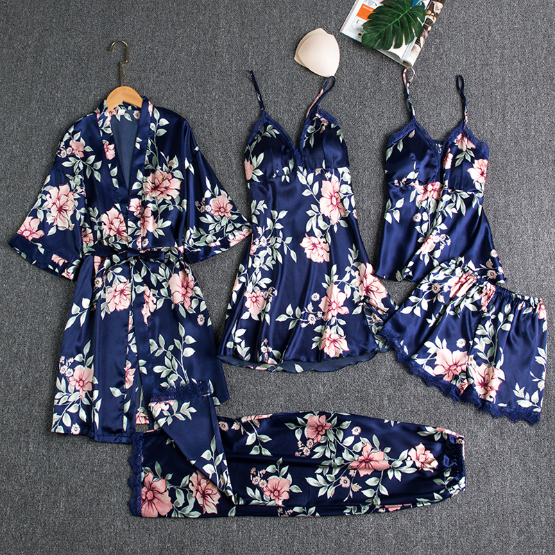 Girl's Battleship Pajamas Women's Summer Ice Silk Sexy Pajamas Five-piece Set Spring Summer Autumn Home Clothes with Chest Pad Nightgown Thin