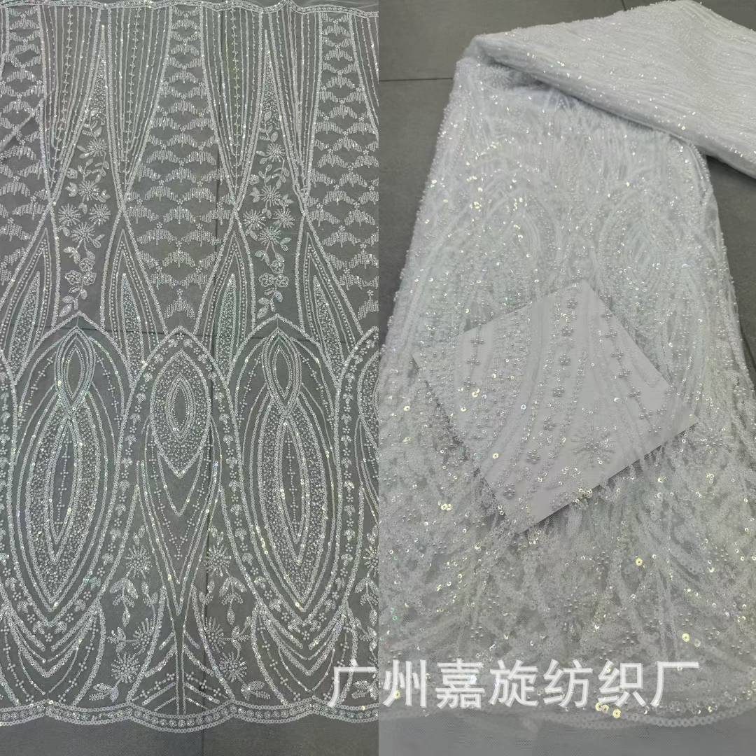 New Bleached Crystal Sequin Large Machine Embroidery Mesh Dress Lace Fabric European and American Wedding Dress Banquet Dress Fabric