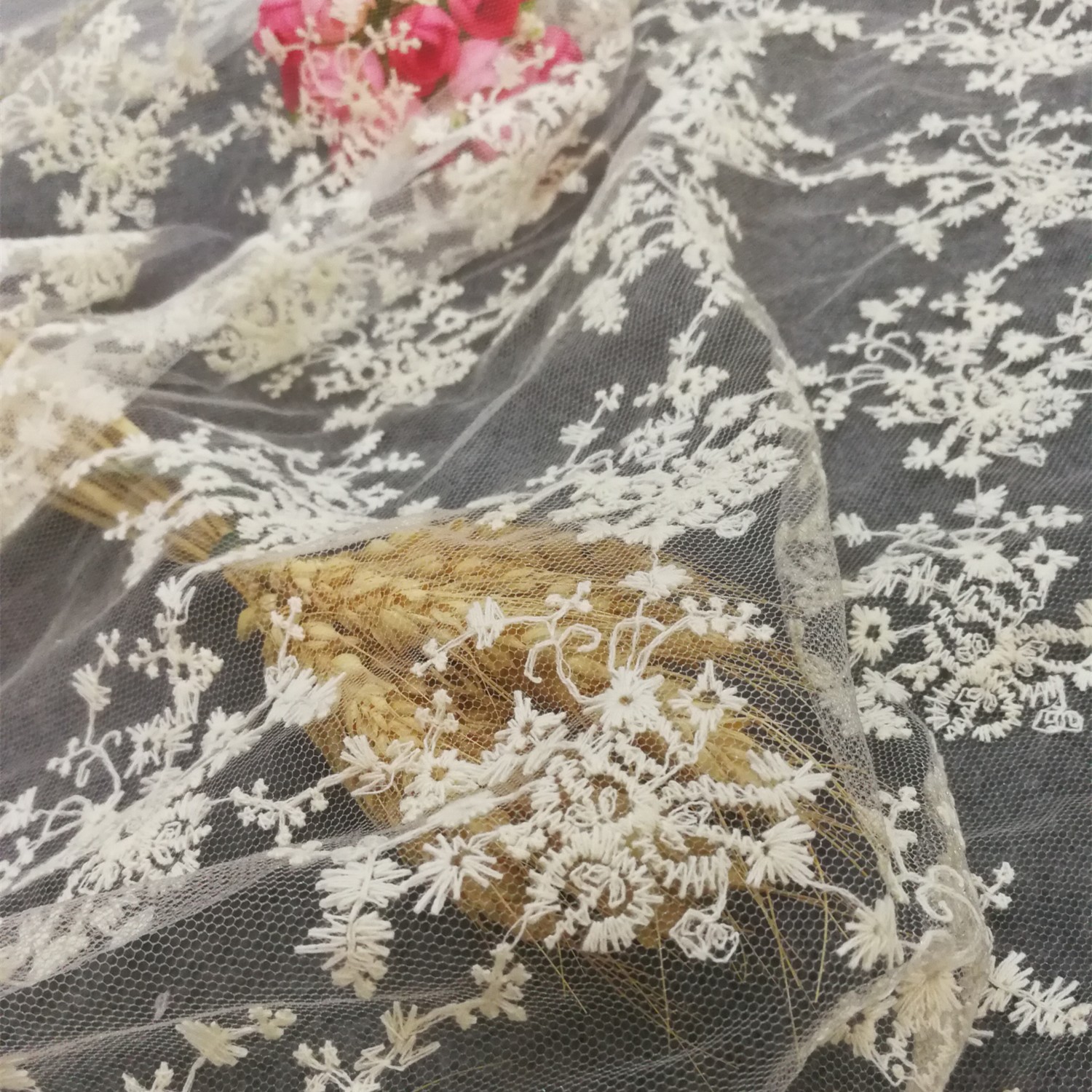 Water Soluble Cotton Mesh Embroidered Fabric 120CM Mesh 3D Hollow Wheat Ear Flower Underwear Jewelry Manual DIY