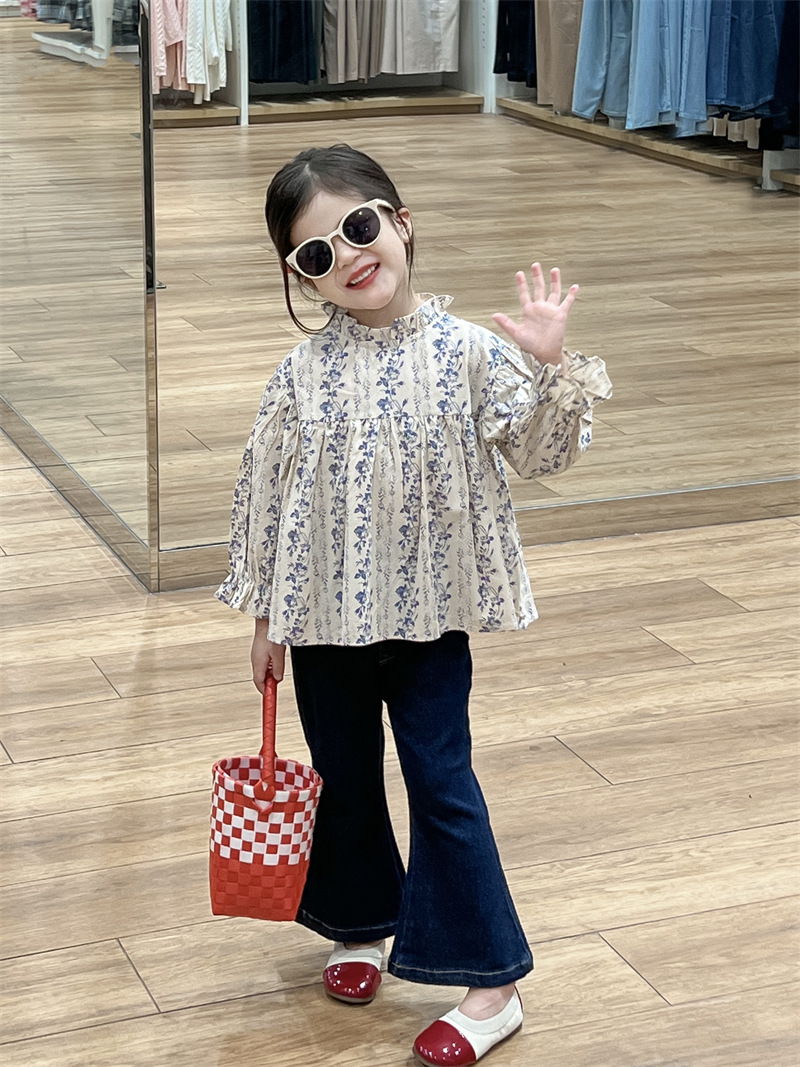 Picture of Girl's Floral Shirt 2024 Autumn Western-style Floral Auriculariar Collar Top Doll Shirt Stretch Denim Flared Pants
