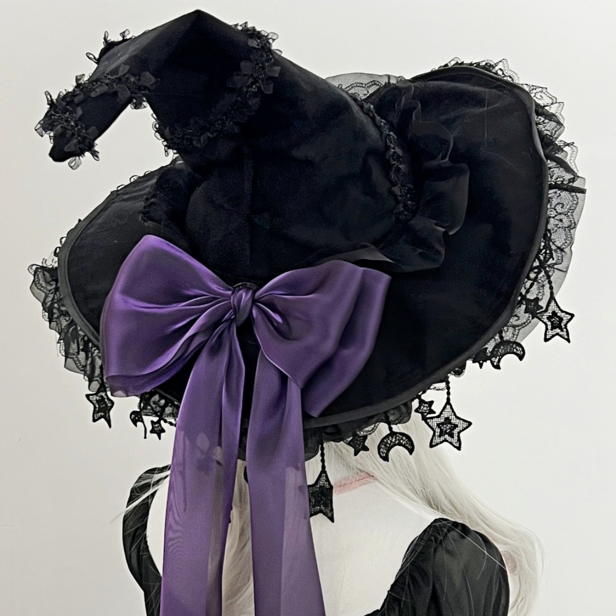 Halloween deep purple lace large bow witch hat, dark gothic wizard brim hat, lolita witch hat