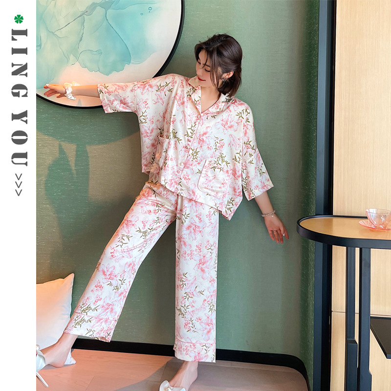 Ice Silk Pajamas for Women Spring & Fall 2024 New Imitation Silk Loose Cute Sweet Suit Lapel Trendyy Home Wear