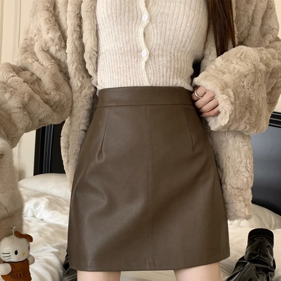 Retro zipper skirt a-line skirt for women 2023 Spring and Autumn New High waist slimming PU small leather skirt color hip skirt Hundred