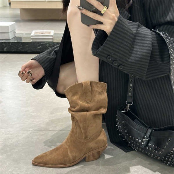2024 Autumn and Winter New Suede Pointed Thick Heel Mid-Heel Ankle Boots Mid-Heel Boots High Heel Heap Boots Western Cowboy Boots