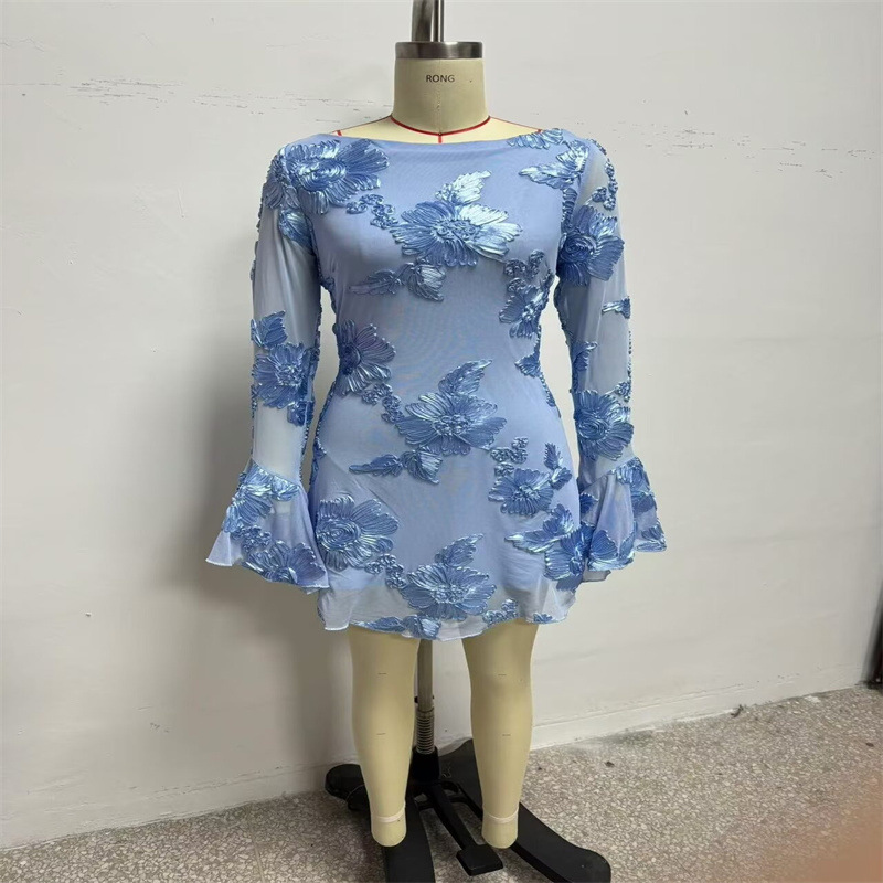 ZA cross-border women's clothing wholesale European and American style new mesh three-dimensional flower embroidery backless horn long sleeve dress