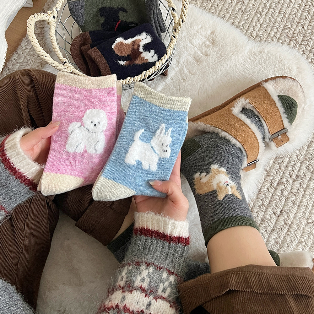17% Wool High Quality | Puppy Flocked Boneless Wool Socks Women's Mid-Calf Socks Thickeneded Contrasting Color Korean Style Pile Socks