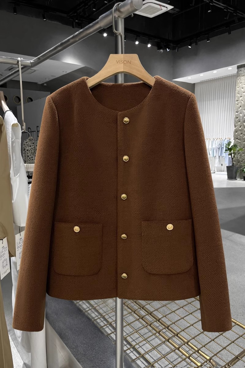 Picture of Dark Brown Short Woolen Niche Round Neck Jacket for Women 2024 New Autumn and Winter Light Mature Style High-End Simple Top