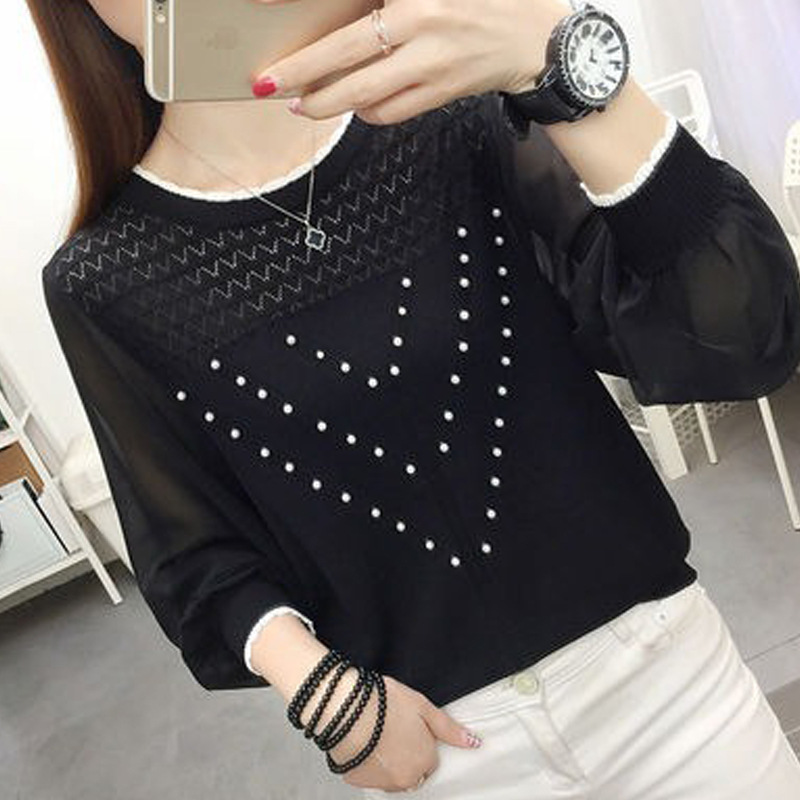 Picture of Chiffon Ice Silk Knitted Bottoming Shirt Spring and Autum New Long-Sleeved Round Neck Elegant Western Style Top Slimming Look Loose Sweater
