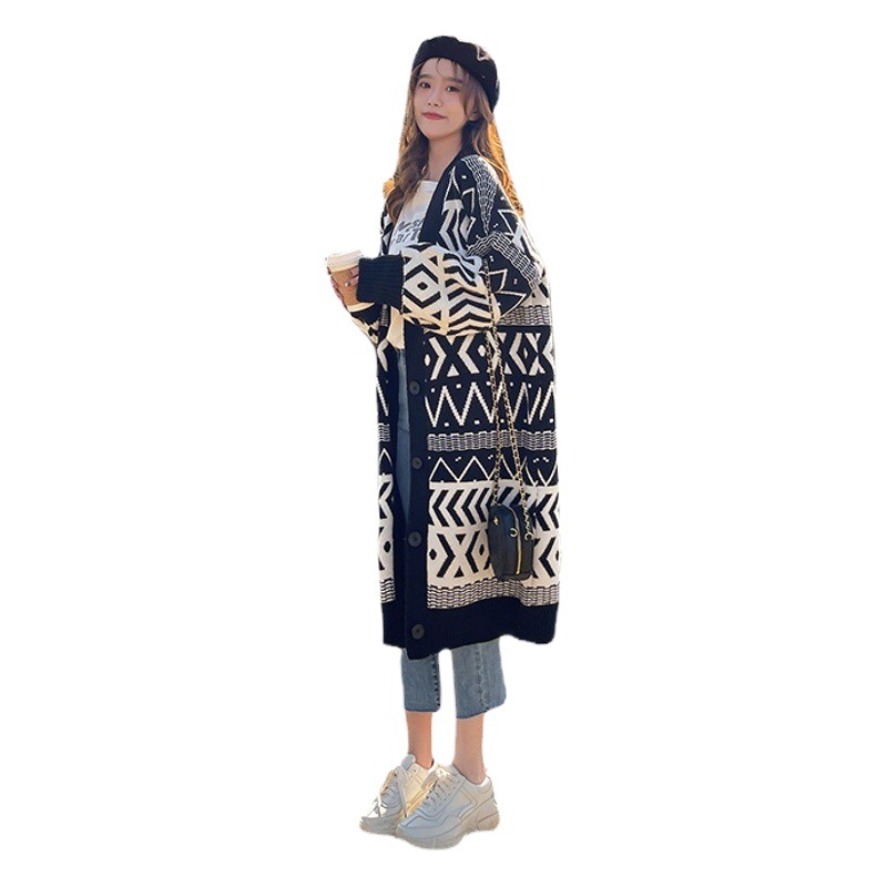 Lazy wind sweater coat early spring autumn 2024 new explosions women's long loose knee knitted cardigan