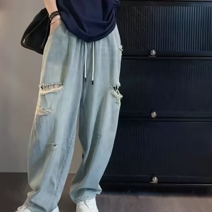 High-Waisted Straight-Leg Design Loose Niche Floor-Length Wide-Leg Pants 2025 Spring and Summer New Ripped Jeans for Women