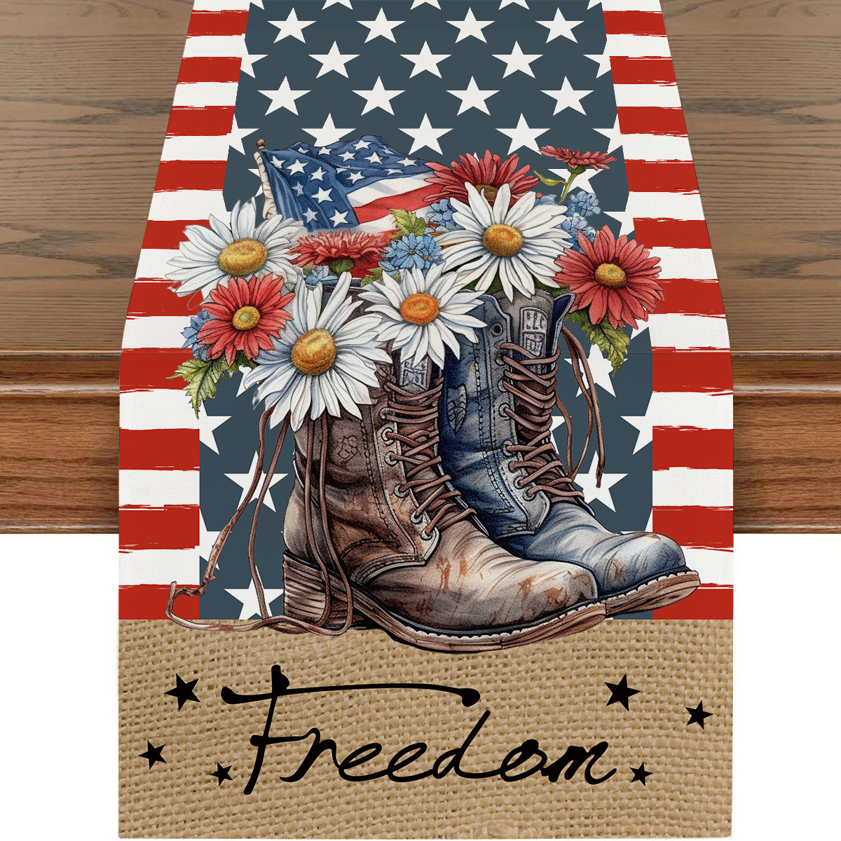 Picture of Explosions US Independence Day Decorative Table Runner Linen Star-stripe Printed Tablecloth Patriot Holiday Atmosphere Table Runner