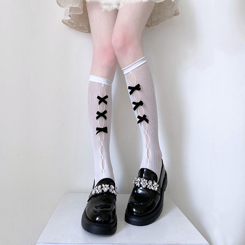 Japanese Style Soft Girl Bow lolita Mid-length Stockings Calf Sweet Cool White Stockings lolita Summer Thin Fashionable Stockings