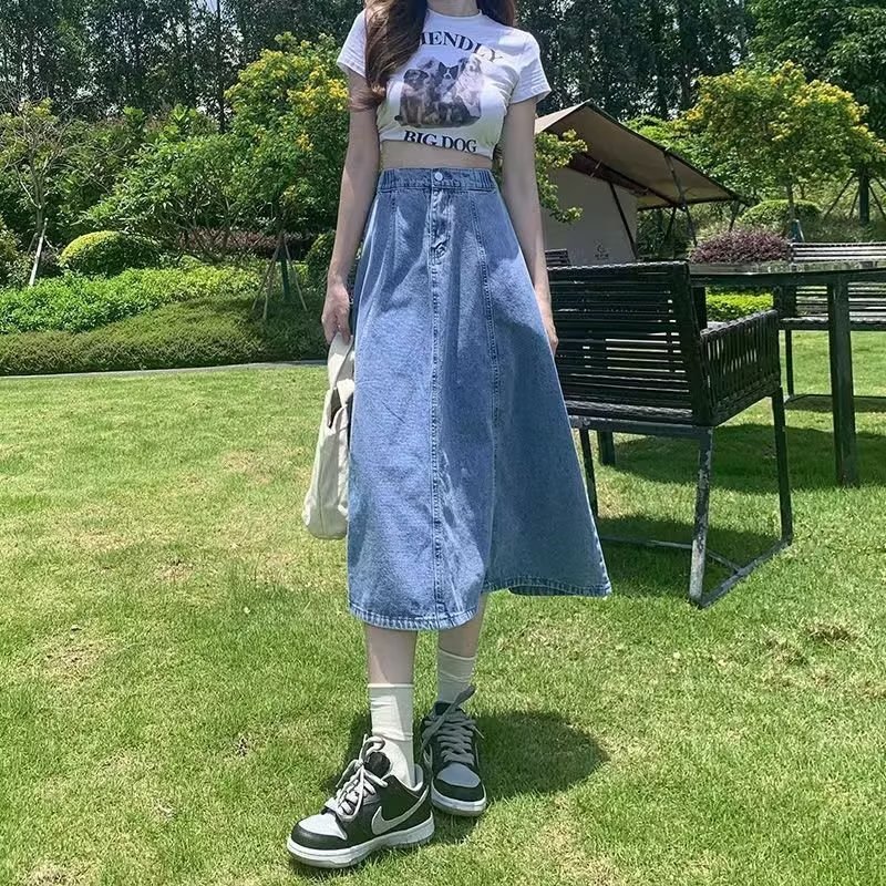 Design sense A- line denim skirt women's spring and autumn high waist fashion fashion brand straight skirt chubby girl sheath skirt