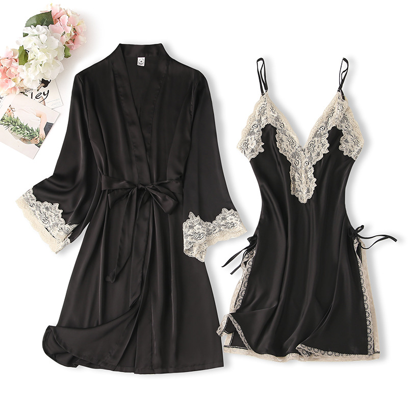 Sexy pajamas women's spring and summer Silk back thin lace pattern strap nightdress two-piece home wear