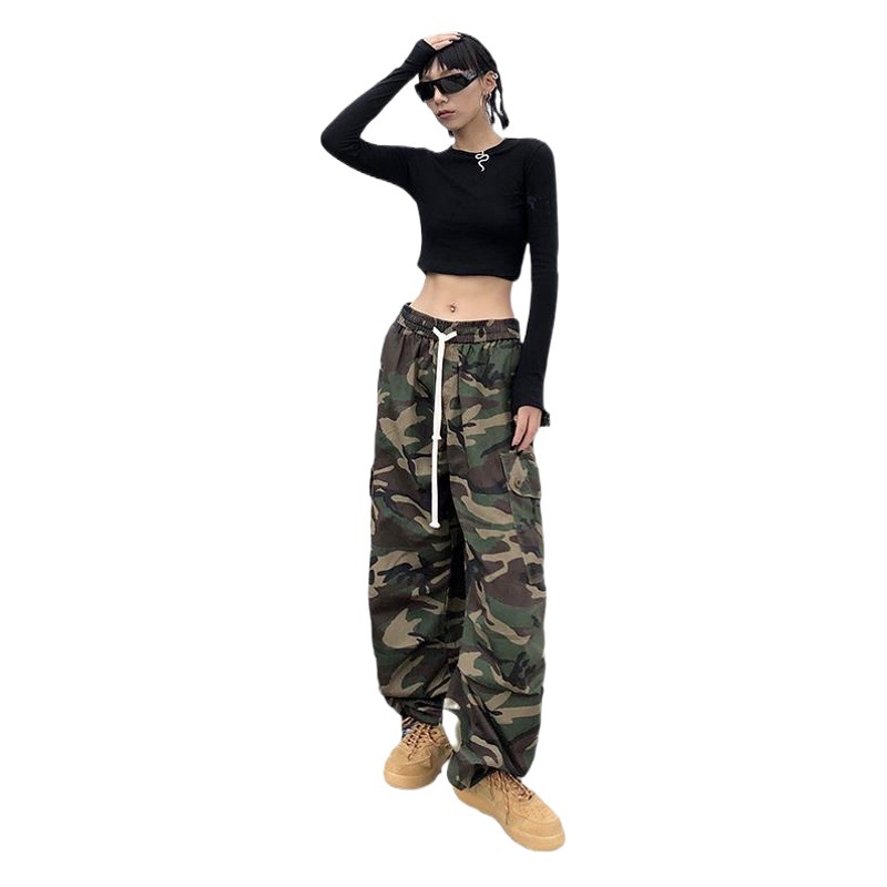 American Retro vintage camouflage overalls High Street ins fashion brand hip hop hiphop drawstring casual trousers