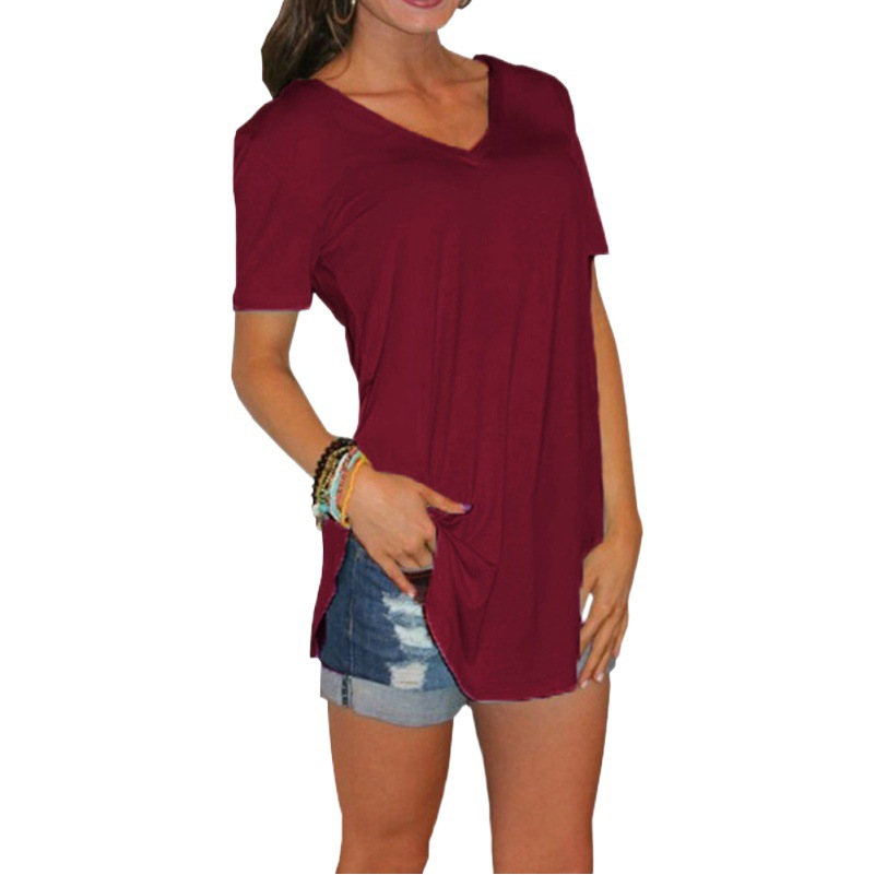 Cross-border AliExpress Europe and the United States summer Amazon women's V-neck short sleeve loose T-shirt hem arc solid color top women