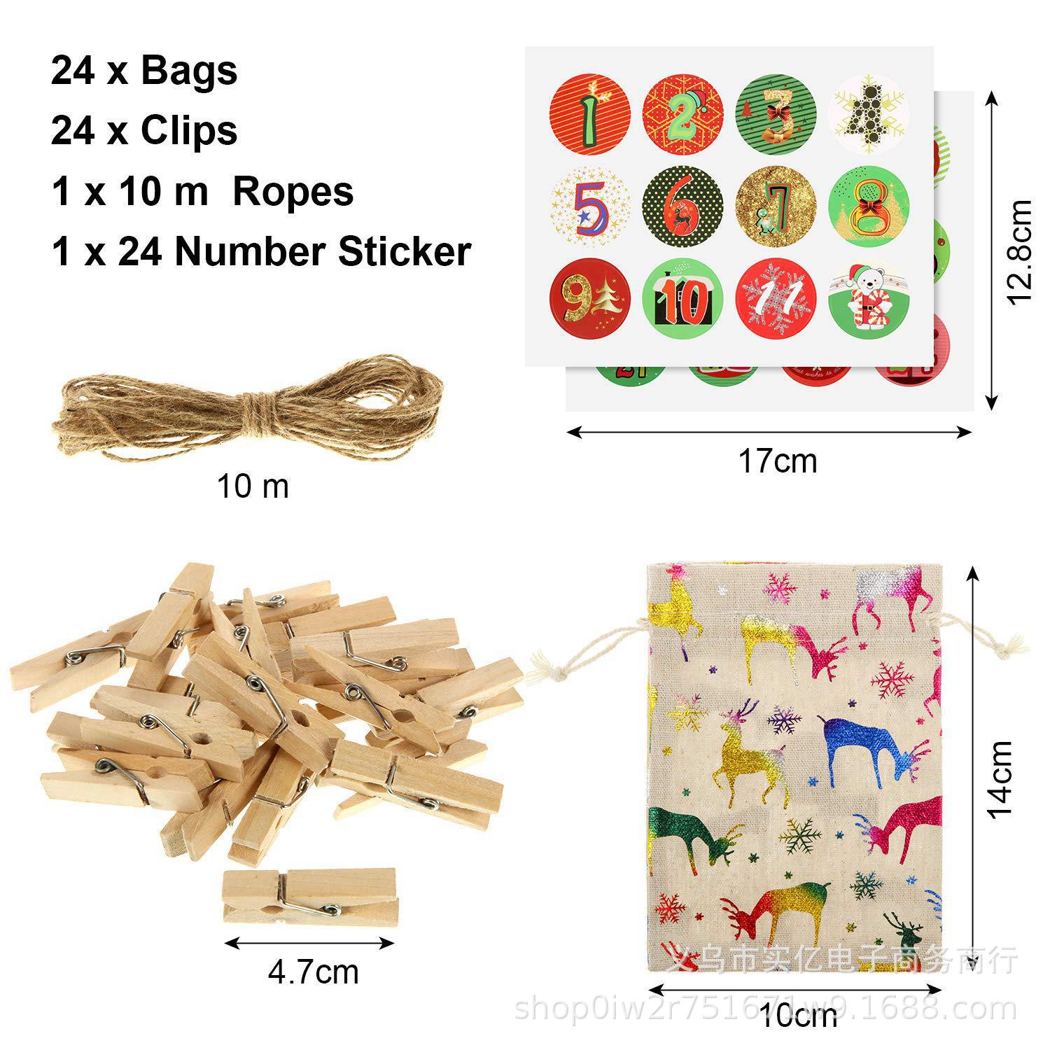 Picture of 2024 New Christmas Bronzing Gift Bag Set Linen Drawstring Pocket Christmas Countdown Calendar Bag