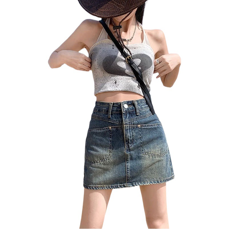 Vintage Denim Short Skirt Women's Ins Style High Waist Casual Pocket Split Design Sense Hip A- line Korean Style Half-length Skirt