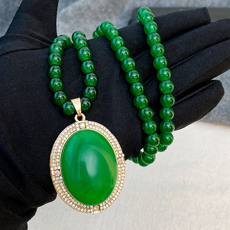 New Chinese Emerald Necklace Long Elegant Light Luxury Woolen Chain Autumn and Winter Necklace National Style Advanced Pendant Pendant