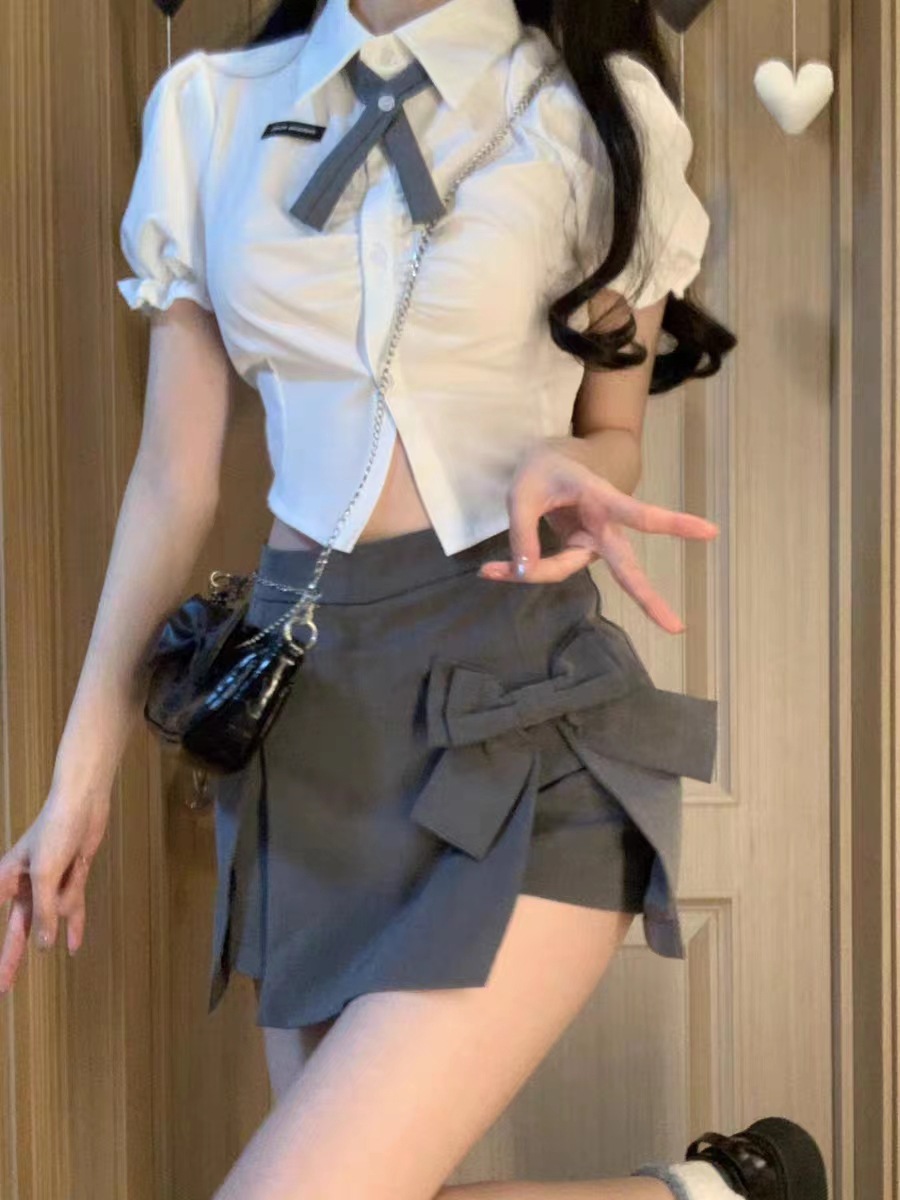 Spice Girls suit Short-sleeved Shirt Top Women's Summer Skirt Bow Split A- Line Short Skirt Two-piece Set