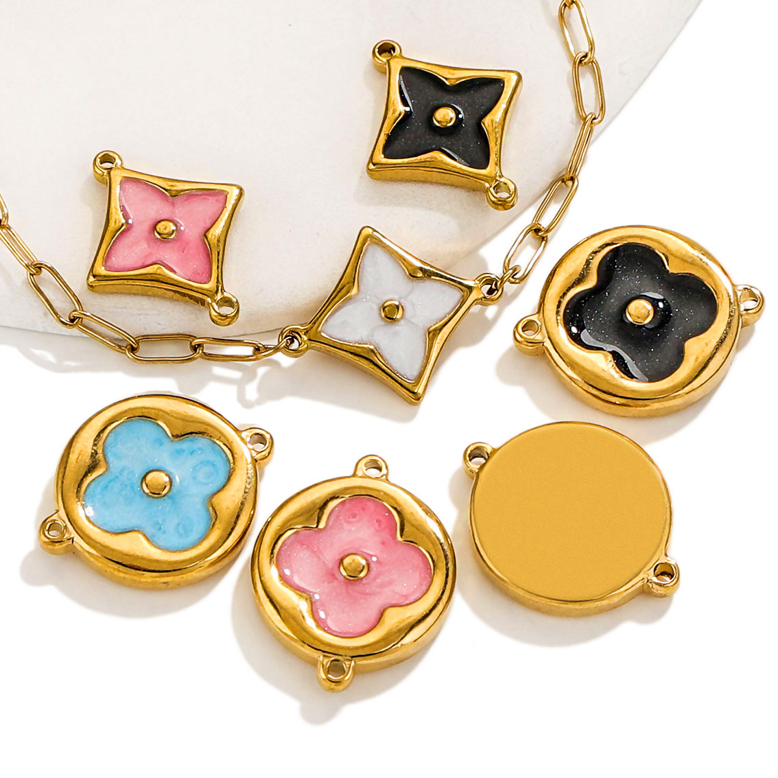 Spot Wholesale Strong Color Retention Electroplating 18K Gold-Plated Inlaid Four-Leaf Clover Double Hanging Bracelet Necklace DIY Jewelry Accessories