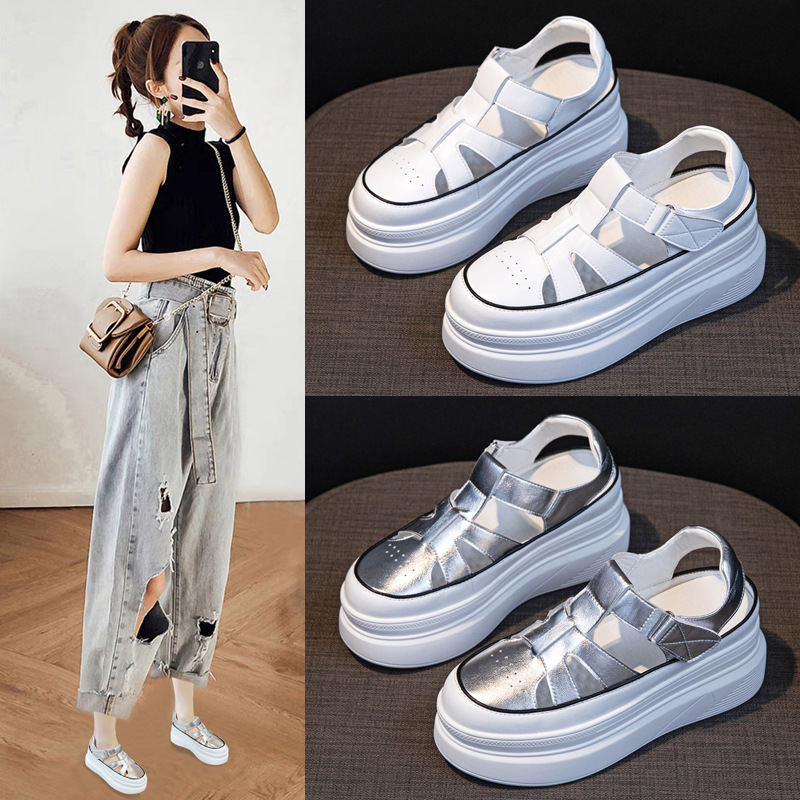 Thick-Soled Roman Shoes for Women 2023 Summer New Style Retro Baotou Hole Cut Out Sandals Versatile Inner Heightening Platform Shoes
