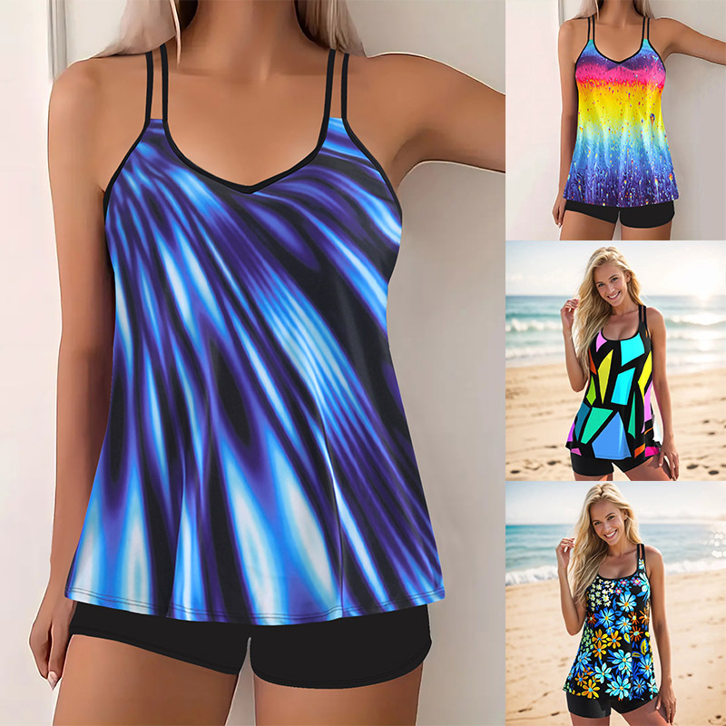 2025 New European Colorful Multicolor Large Size Bikini Printed Separates Boxer Briefs Swimsuit